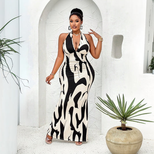Plus Size Women Spring Summer Sexy Halter Cows Pattern Dress V neck Backless Dress