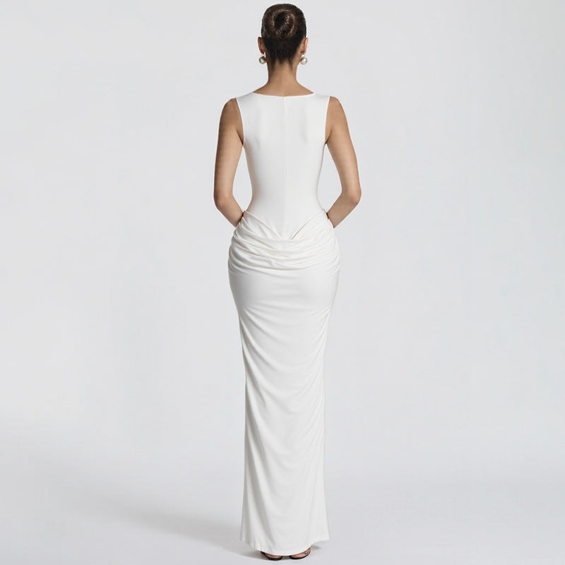 Sexy Boning Corset Slim Fit U Neck Long Pleating Pullover Dress Cocktail Party Evening Dress