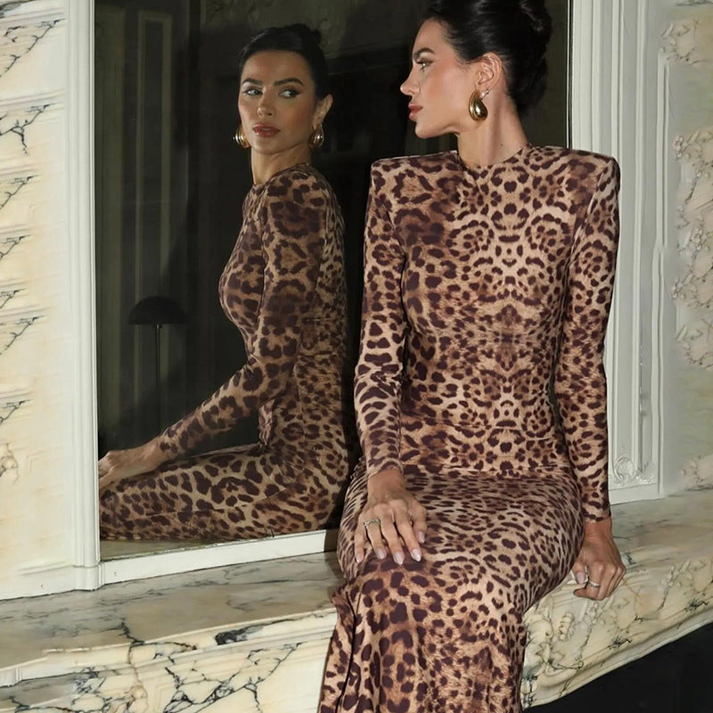 Elegant Sexy Leopard Print round Neck Long Sleeve Slim Fit Bodycon Dress