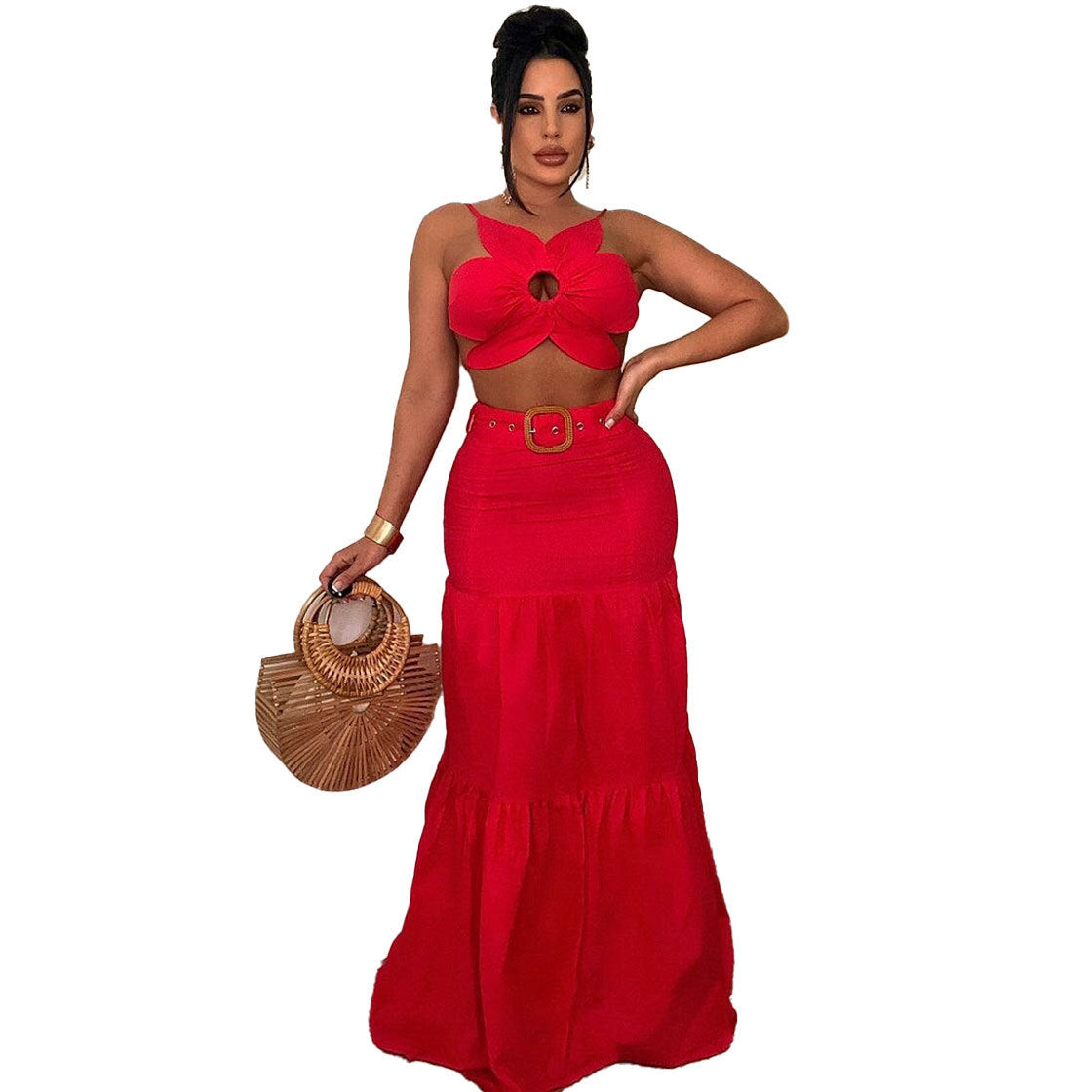 Sexy Solid Color Special-Shaped Strap Large Skirt Belt Set