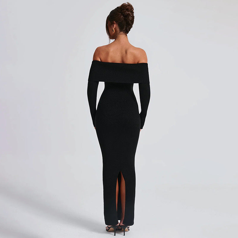 Elegant Fall Off Shoulder Sexy Slim Fit Woolen Maxi Dress