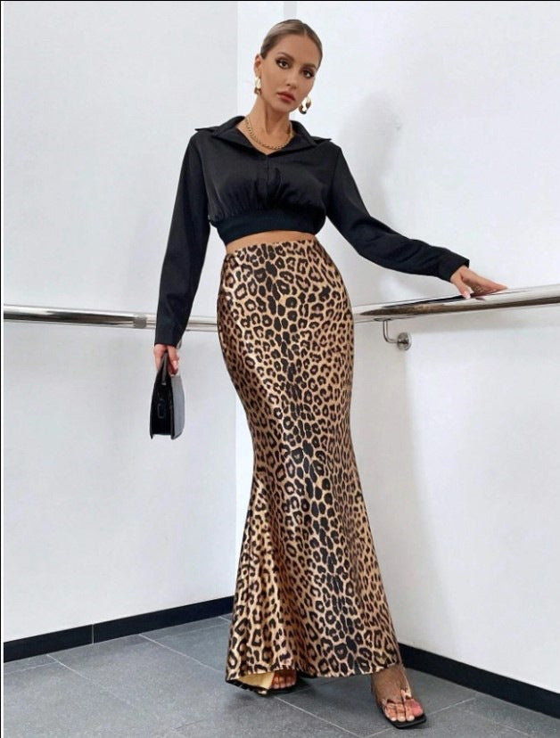 Leopard Print Printed Sexy Sheath Fishtail Skirt Mop Skirt