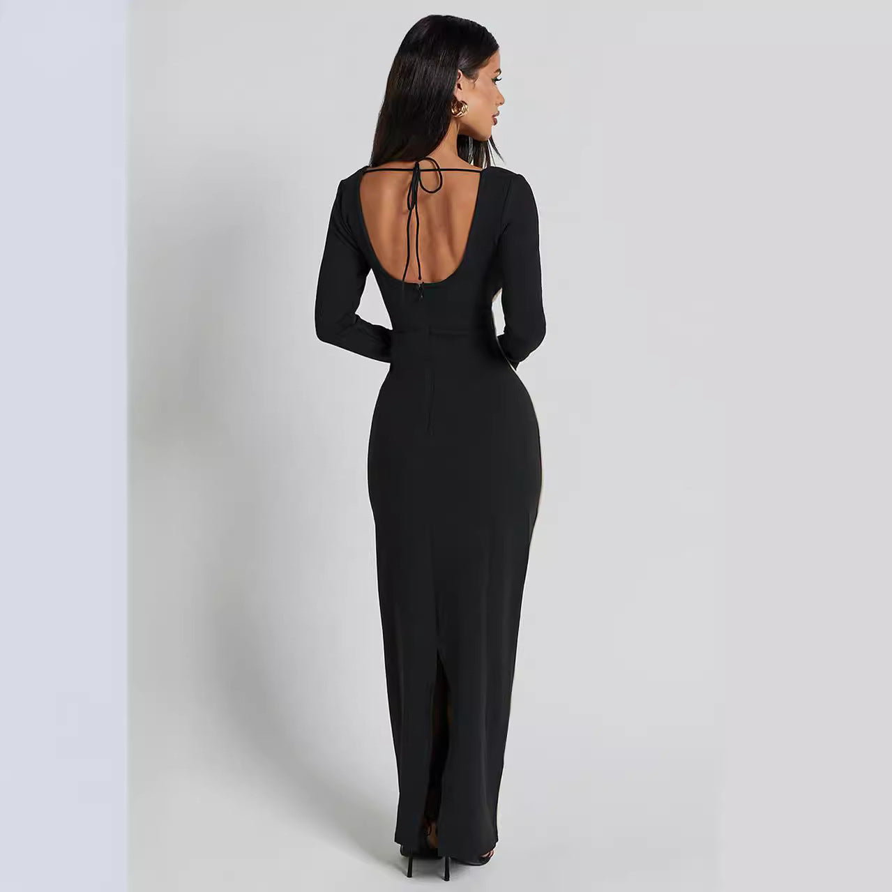 Knitted Long Sleeved Backless Sexy Dress U Collar Color Contrast Patchwork Waist Tight Pencil Lead Dress