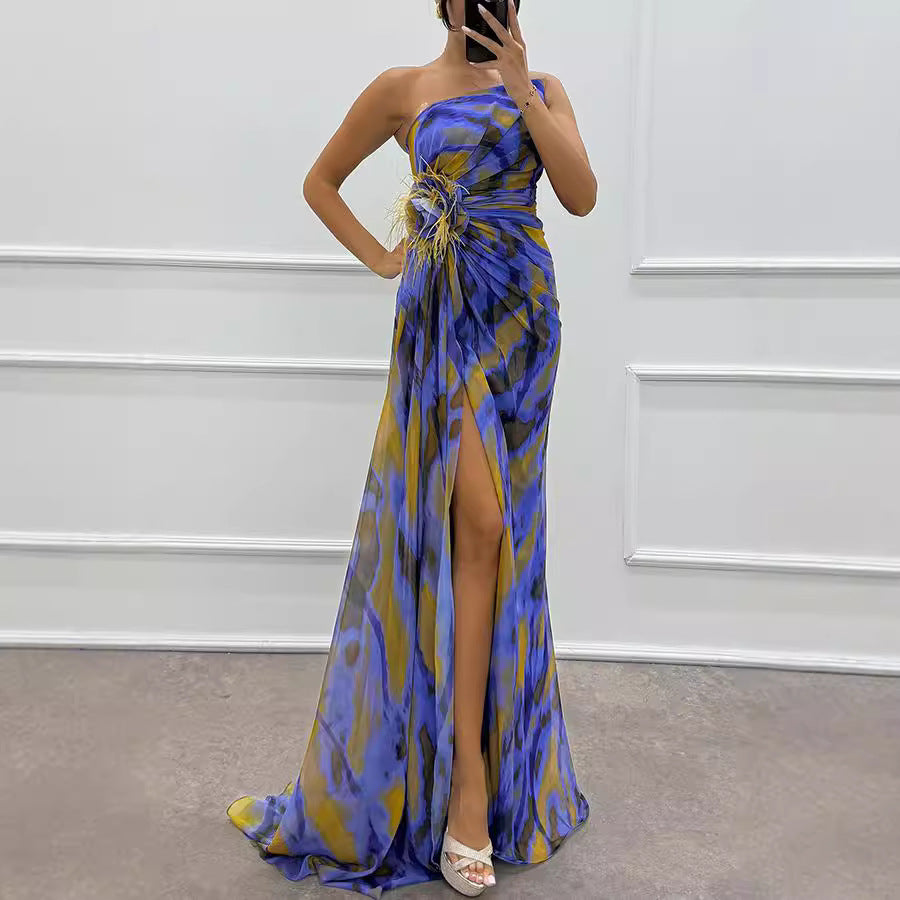 One Shoulder Chiffon Floral Print Wtih Split Long Dress