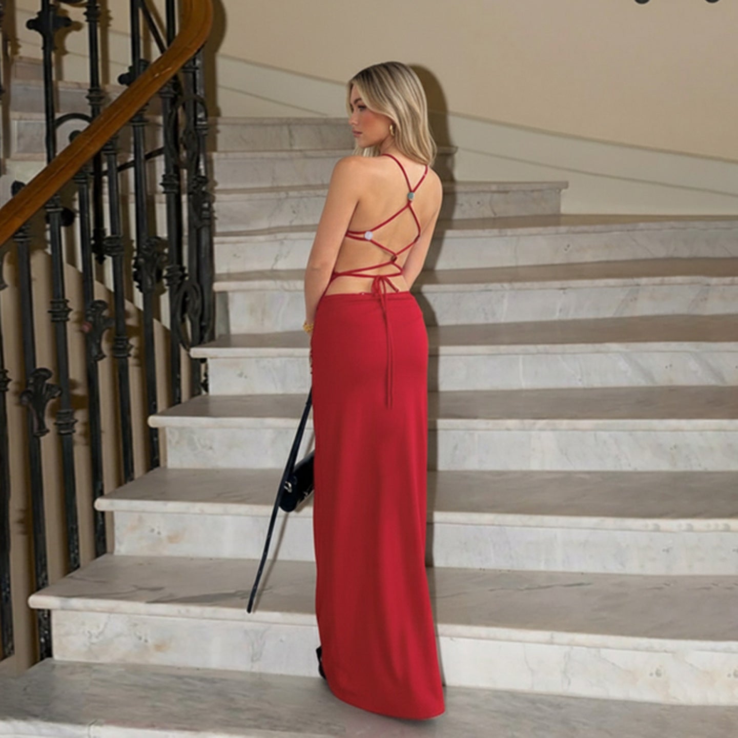 Backless Lace-Up Sexy Red Elegant Maxi Cocktail Dress