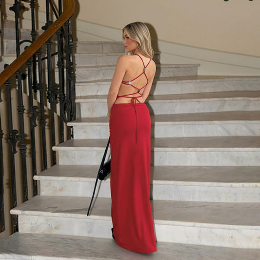 Backless Lace-Up Sexy Red Elegant Maxi Cocktail Dress