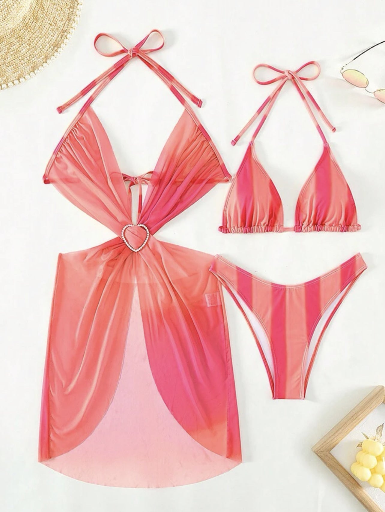 Striped Gradient Love Tulle Skirt Three Piece Swimsuit Bikini Sets