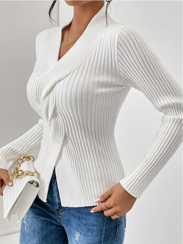 V Neck Slit Hemline Long Sleeve Slim Fit Sweater