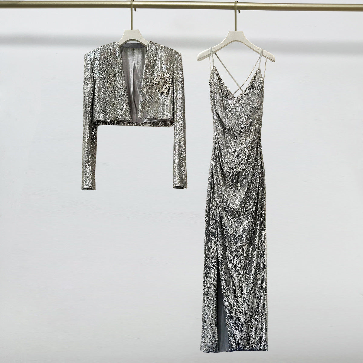 Sequin Split Two Piece Sling Dress Set