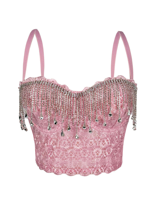 Tassel Embellished Boning Corset Bra Rhinestone Chain Camisole Rhinestone Sexy Sexy Boning Corset Top