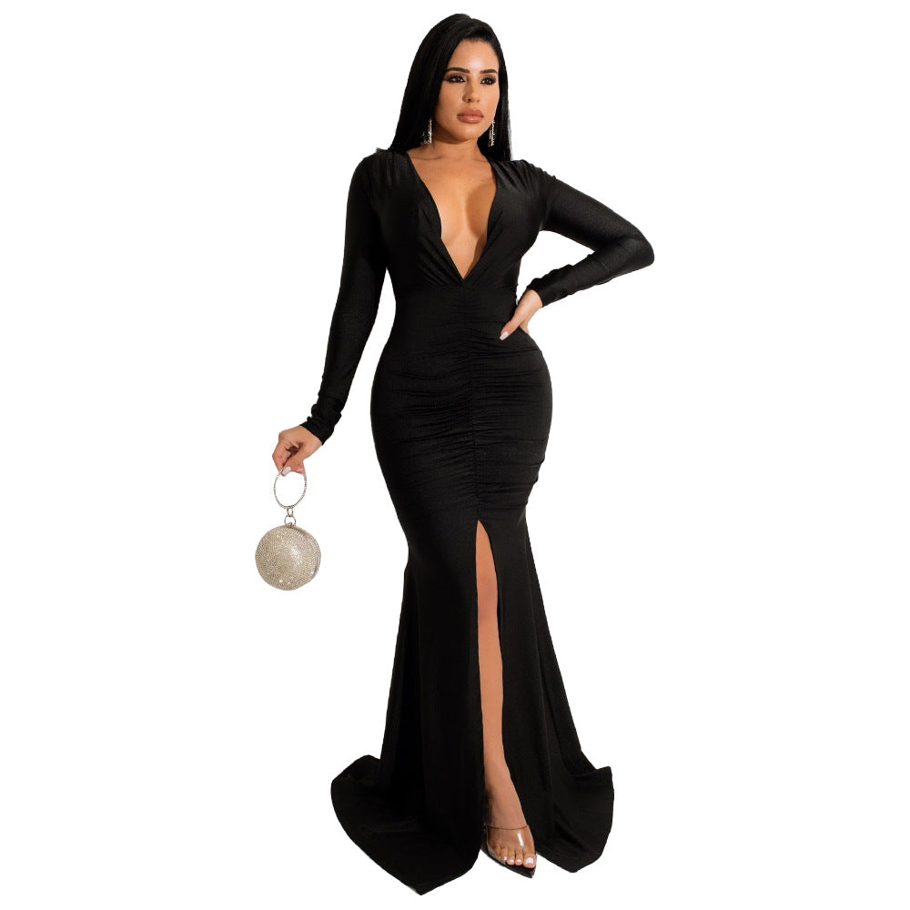 Women Solid Color Sexy V neck Split Sheath Maxi Dress