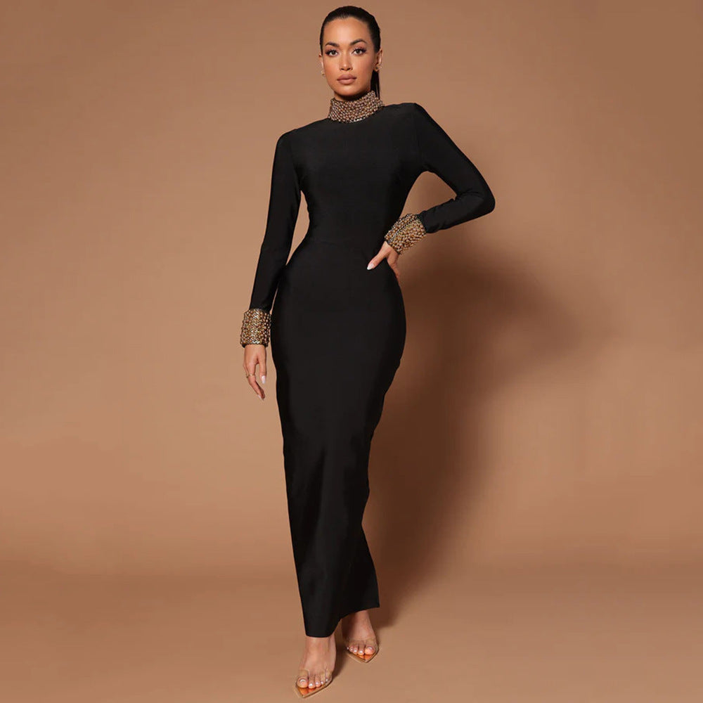 Diamond Bead Long Sleeve Sexy Backless Cocktail Dress