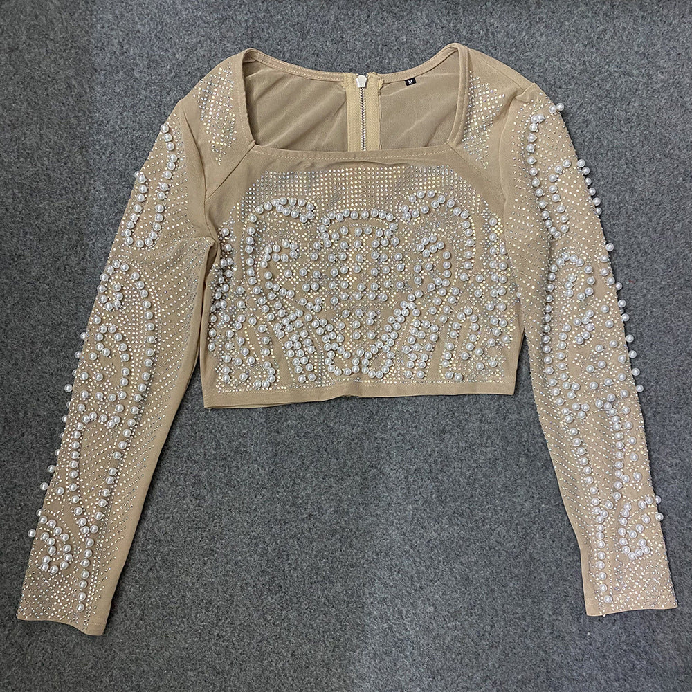 Long Sleeved T Shirt Women Beaded Square Collar Slim Fit Crop Top