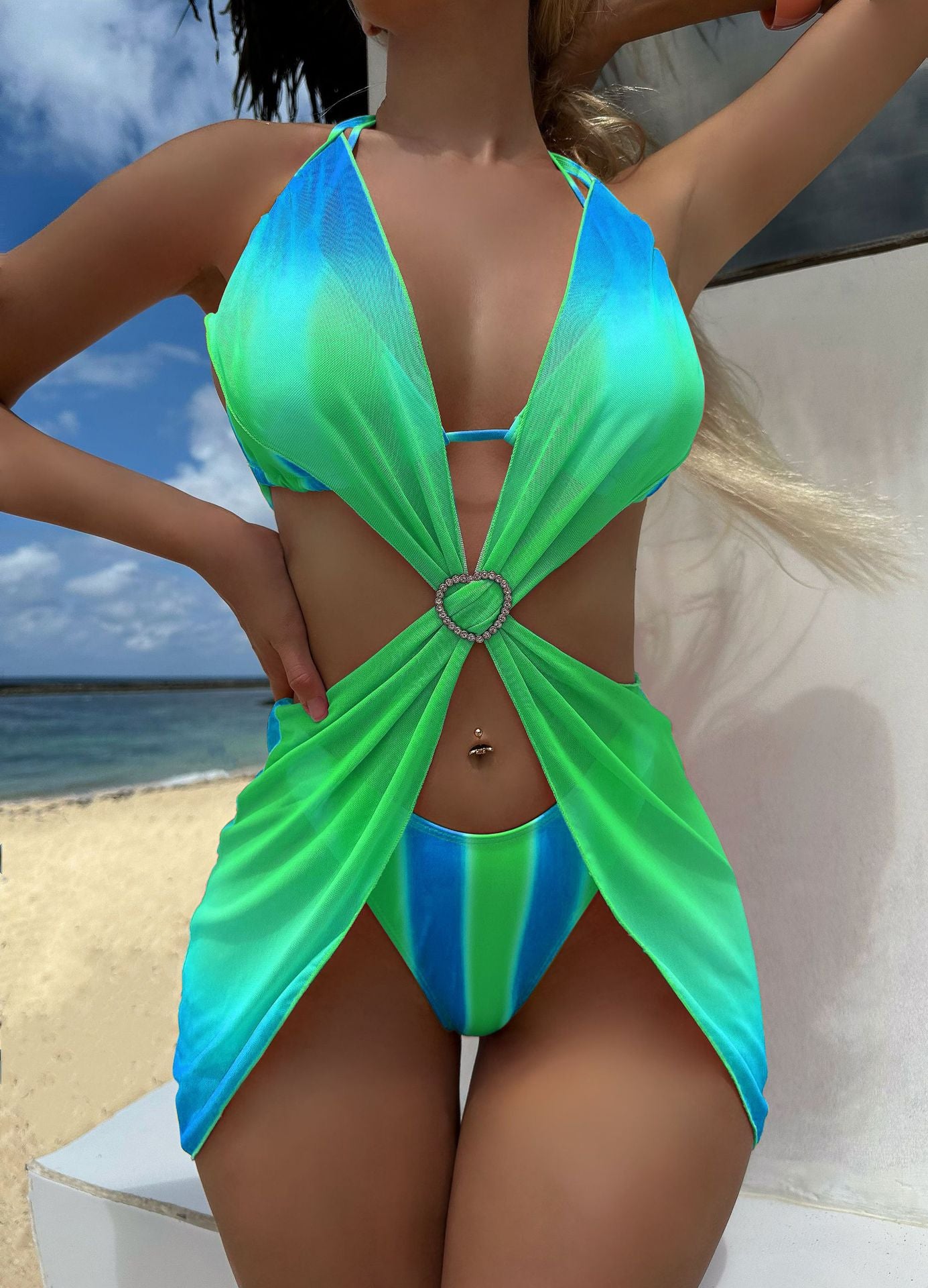 Striped Gradient Love Tulle Skirt Three Piece Swimsuit Bikini Sets
