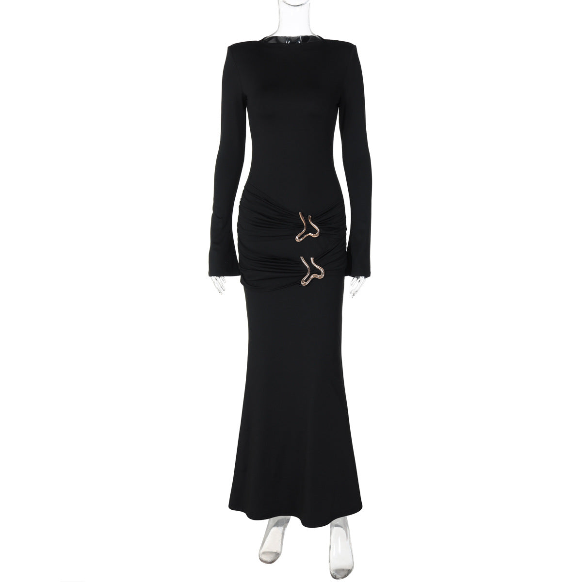 Women Clothing Autumn round Neck Slim Pleated Long Sleeve Dress Women