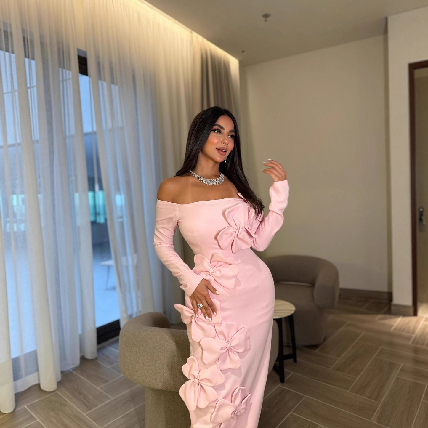 Elegant Sexy Floral off Shoulder Long Sleeve Dress