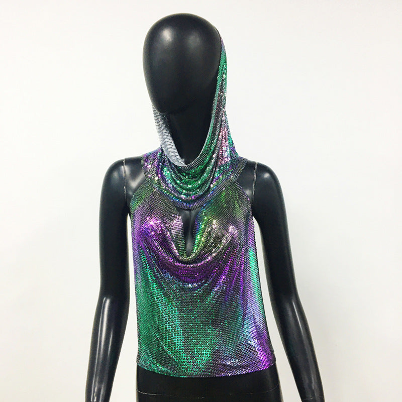 Sequin Sling Headscarf Sweet Spicy Sequined Crop Halter Top