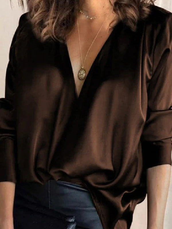 Solid Color V-Neck Long Sleeves Blouse Shirt Top