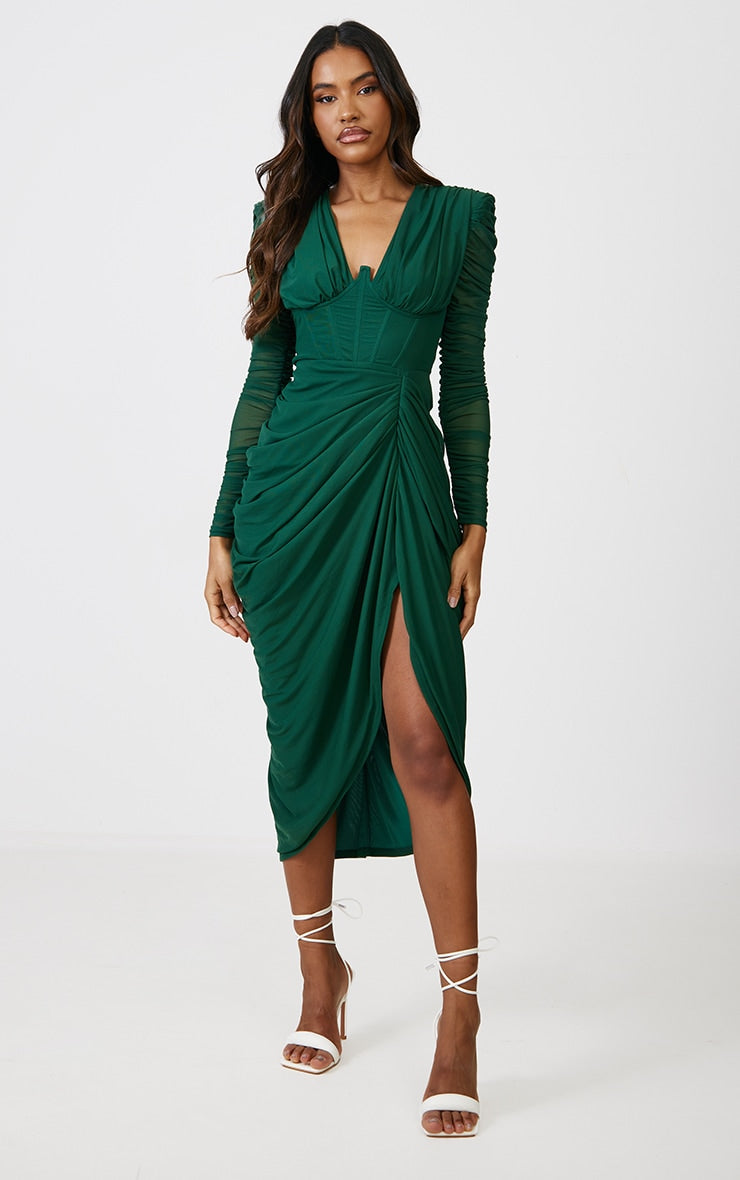 Black Mesh Ruched Long Sleeve Draped Midi Dress