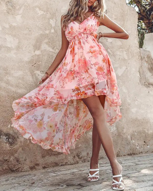 Frill Hem Ruffles Floral Print Asymmetrical Dress