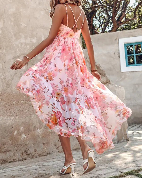 Frill Hem Ruffles Floral Print Asymmetrical Dress