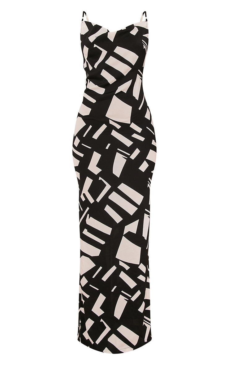 Black Abstract Print Satin Cowl Neck Maxi Dress