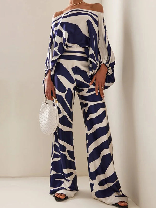 Printed Off-The-Shoulder Top with Wide Leg Pant 2pc Set