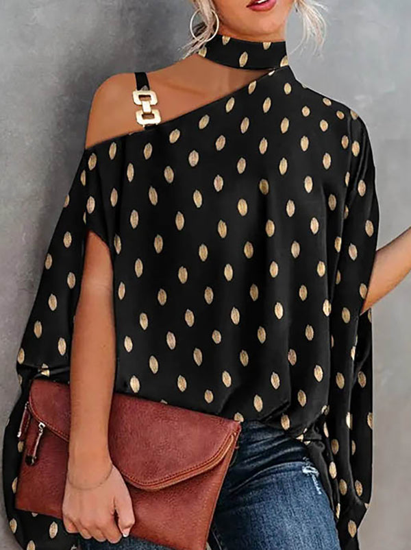 Batwing Sleeves Loose Asymmetric Chains Leaves Print Asymmetric Collar T-Tops