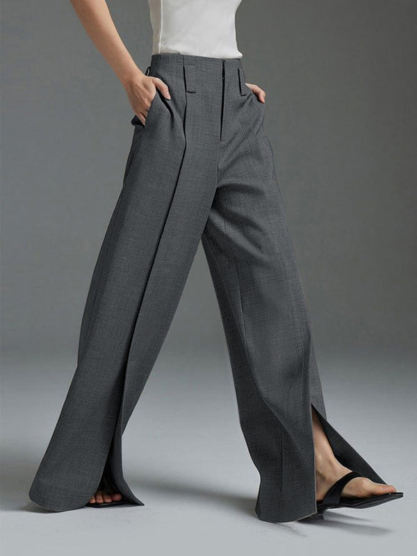 Loose Wide Leg High-Waisted Pleated Split-Front Pants Trousers