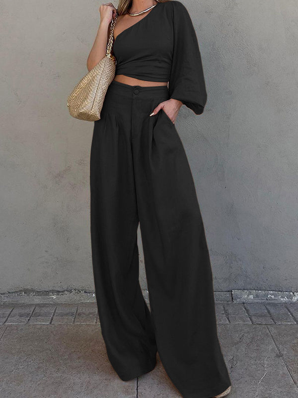 2 pc Long Sleeves Loose Asymmetric Knotted One-Shoulder Top and Pants