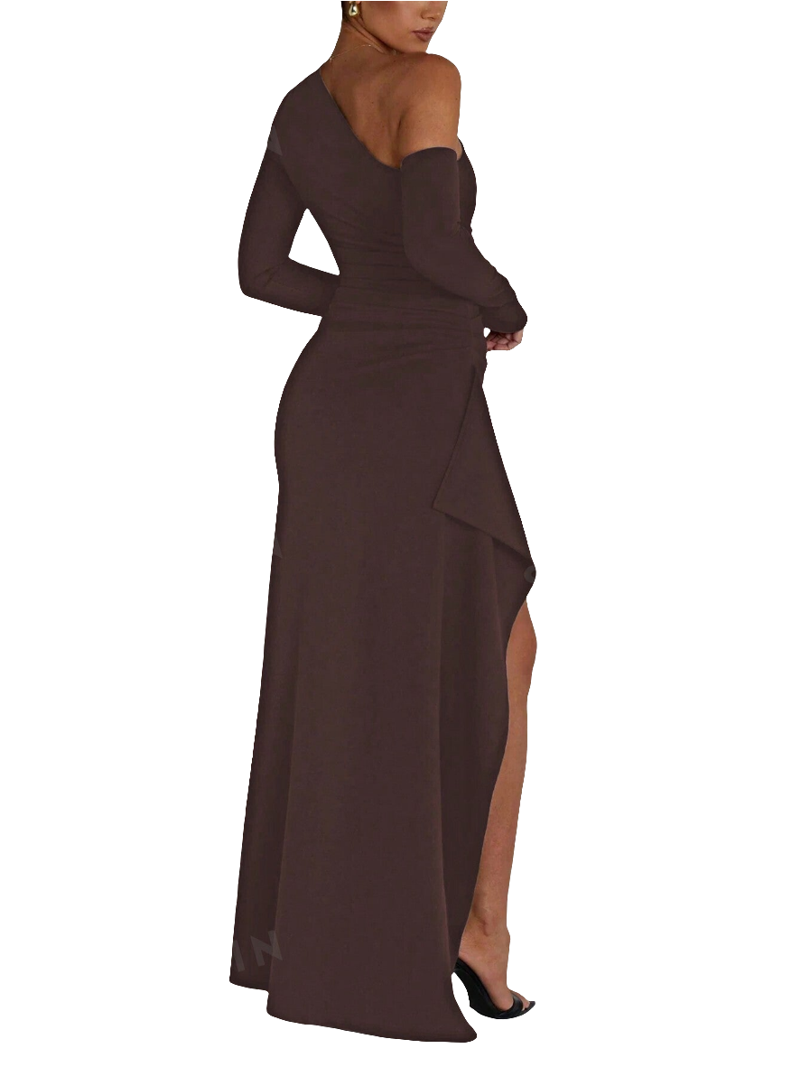 Asymmetrical Neck Split Thigh Ruched Side Dress
