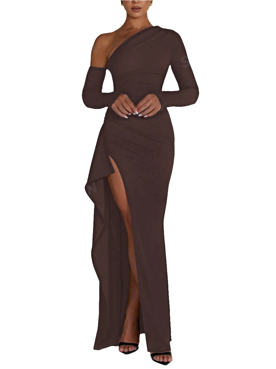 Asymmetrical Neck Split Thigh Ruched Side Dress