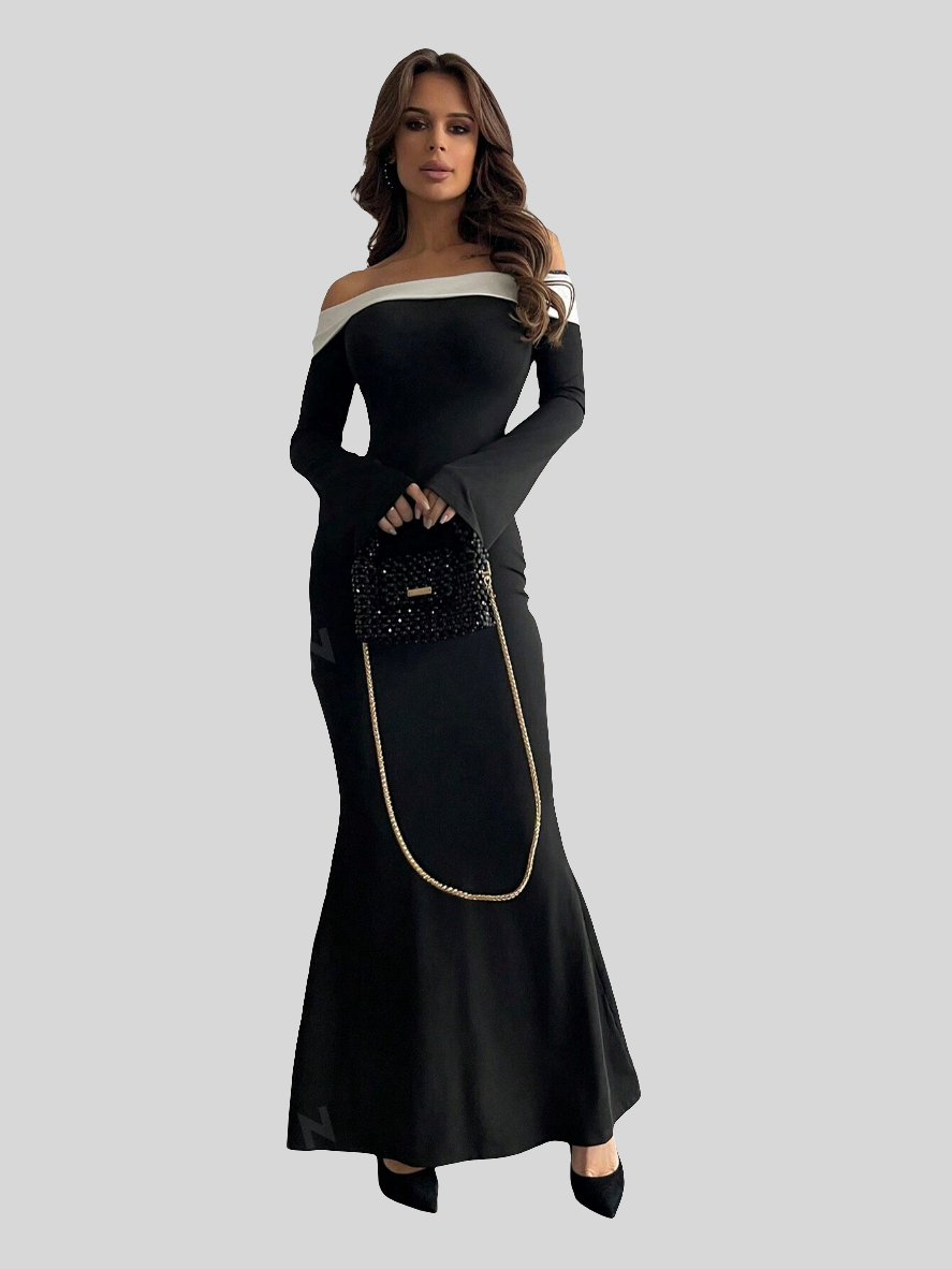 Off Shoulder Bell Sleeve Bodycon Long Black Dress