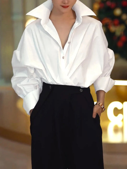 Batwing Sleeves Long Sleeves Buttoned Solid Color Lapel Blouse