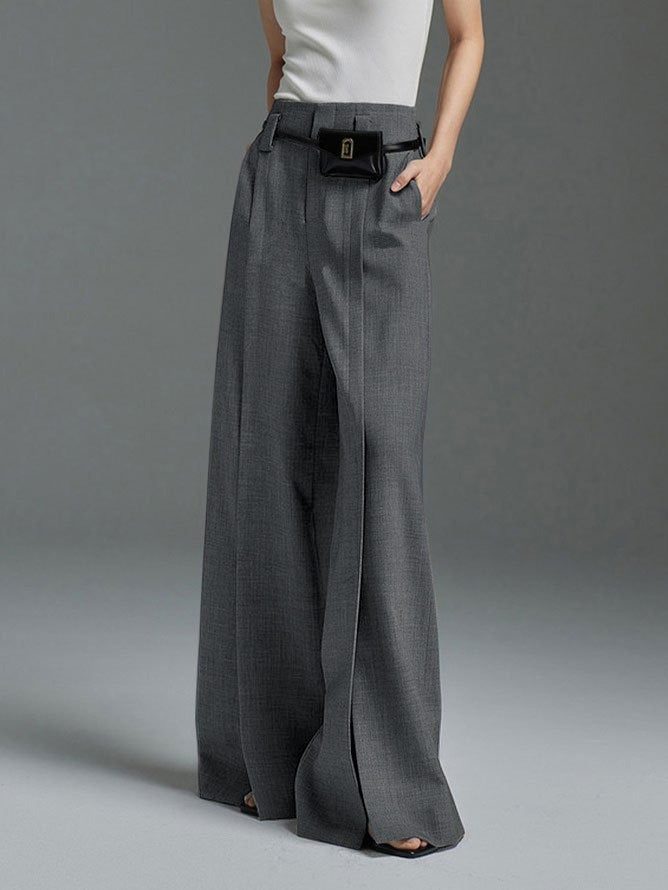 Loose Wide Leg High-Waisted Pleated Split-Front Pants Trousers