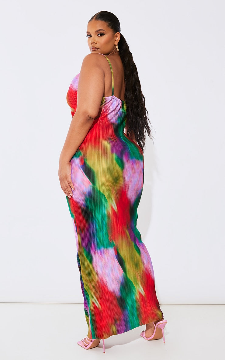 Plus Multi Printed Plisse Cowl Neck Maxi Dress