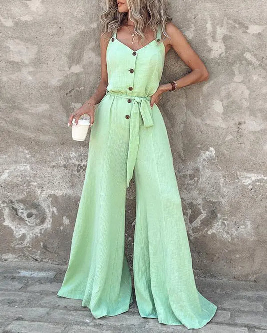 Buttoned Sleeveless Tied Detail Jumpsuit