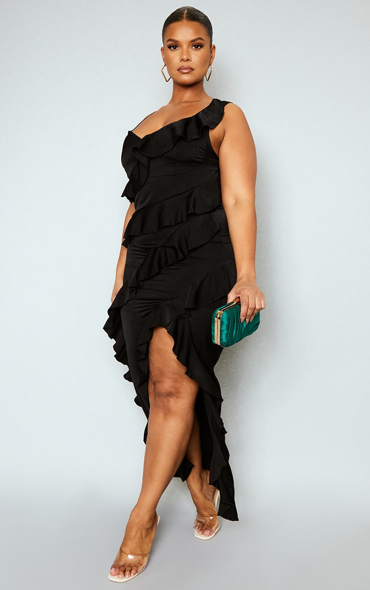 Plus Black Satin Frill Layered Maxi Dress