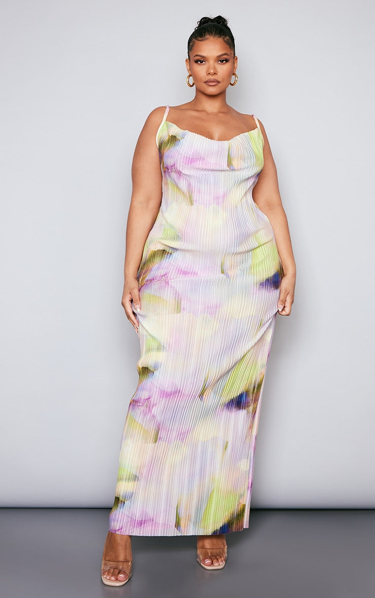 Plus Multi Printed Plisse Cowl Neck Maxi Dress