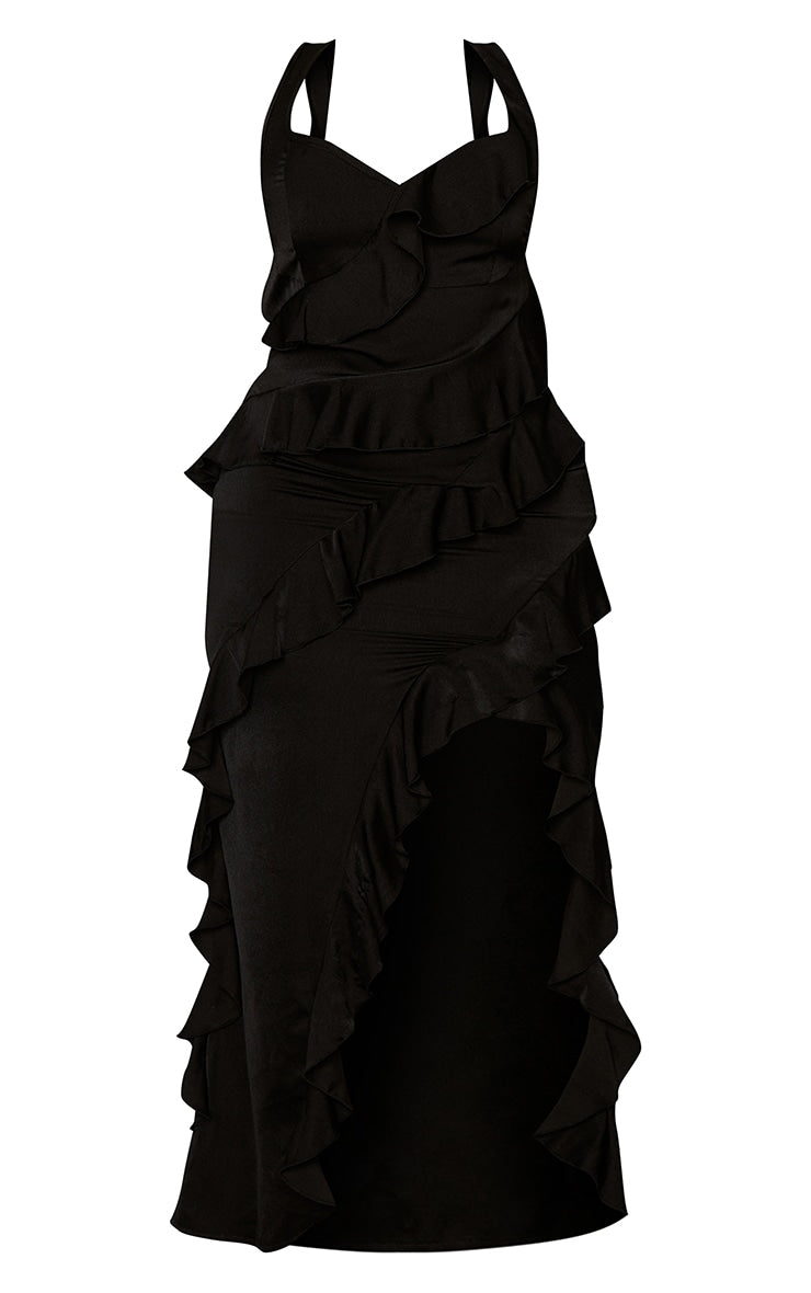 Plus Black Satin Frill Layered Maxi Dress