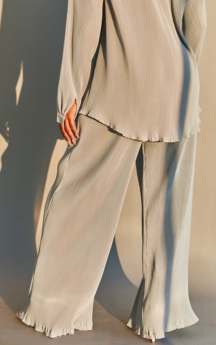Light Grey Plisse High Waisted Wide Leg Pants