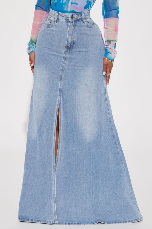 Walk All Over You Denim Maxi Skirt - Medium Wash