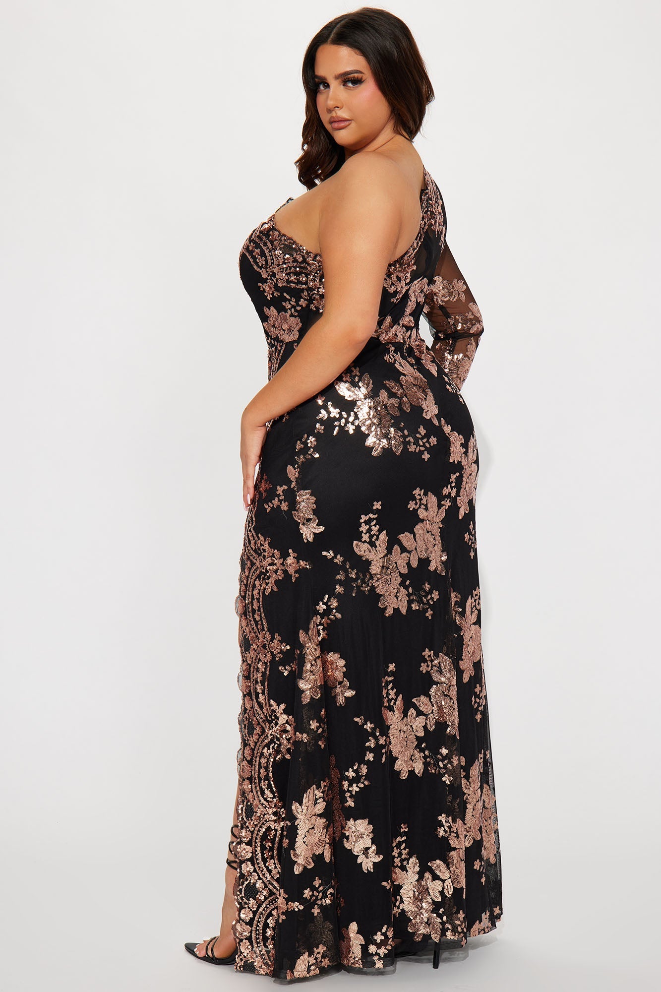 All Nighter Long Sleeve Sequin Gown - Black/Rose Gold