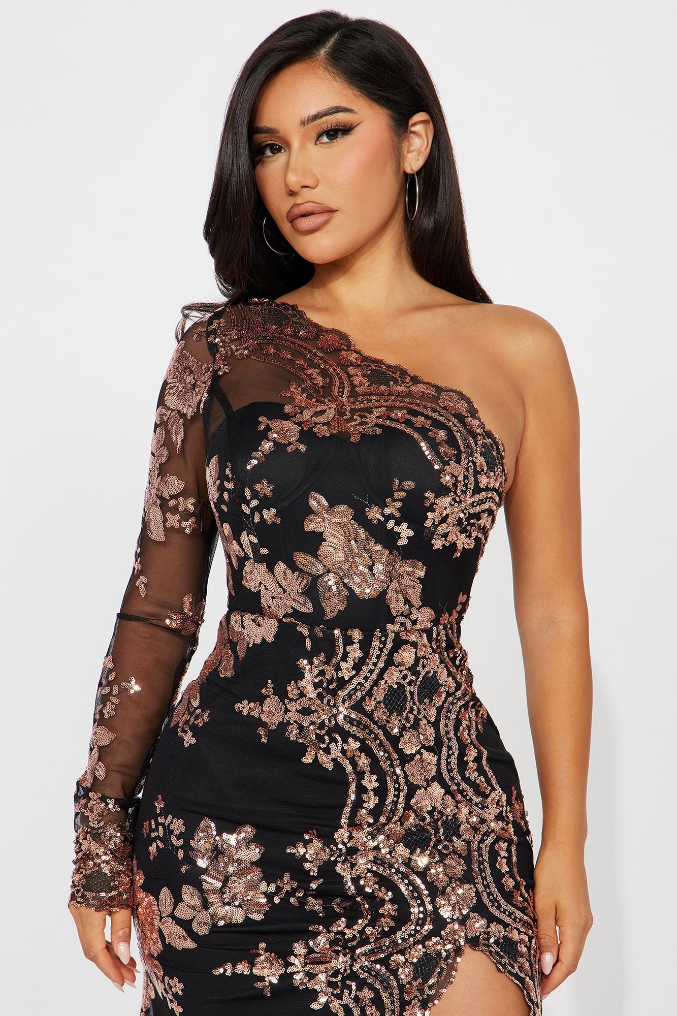 All Nighter Long Sleeve Sequin Gown - Black/Rose Gold