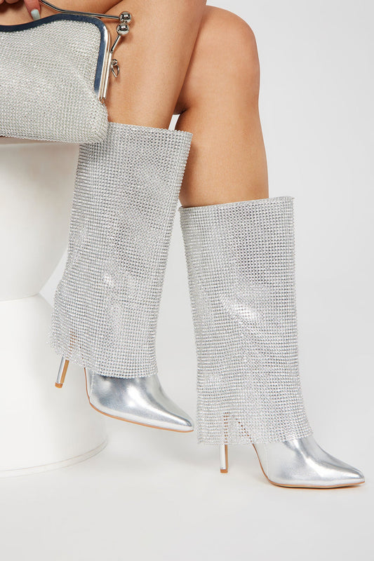 Demi Embellished Overlay Knee High Boots - Silver