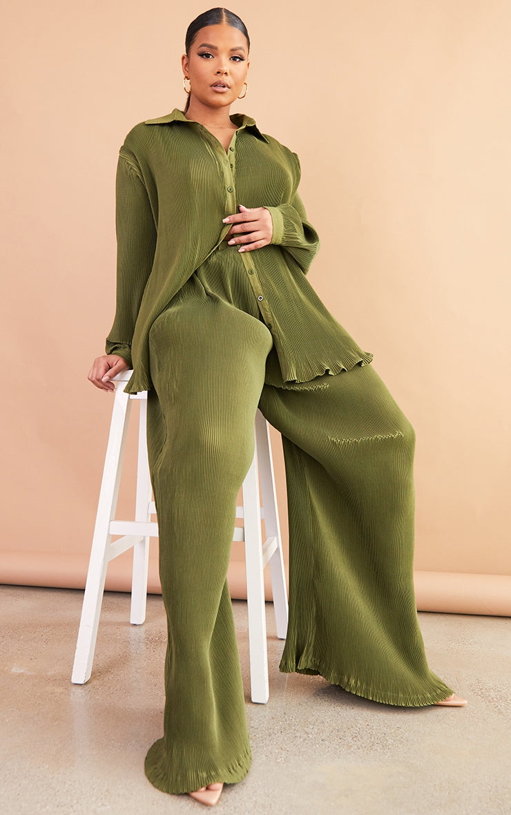 Plus Bright Green Plisse Button Front Oversized Shirt