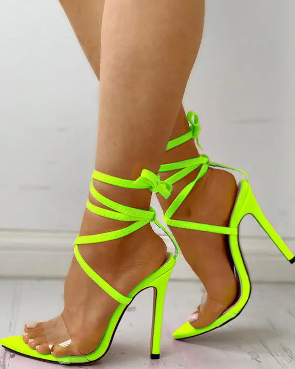 Transparent Strap Lace-Up Thin Heeled Sandals