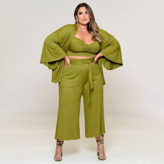 Plus Size Midi Length Wide Leg Pants With Top And Jacket Three-Piece Pants Set