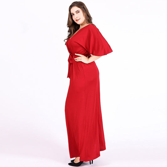 Plus Size Women Red Formal Dress Deep V-Neck Maxi Dress