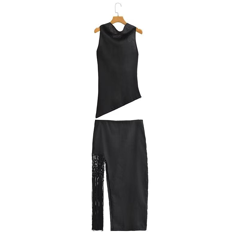 Summer Linen Hanging Collar Top High Waist Skirt 2 Pc Skirt Set